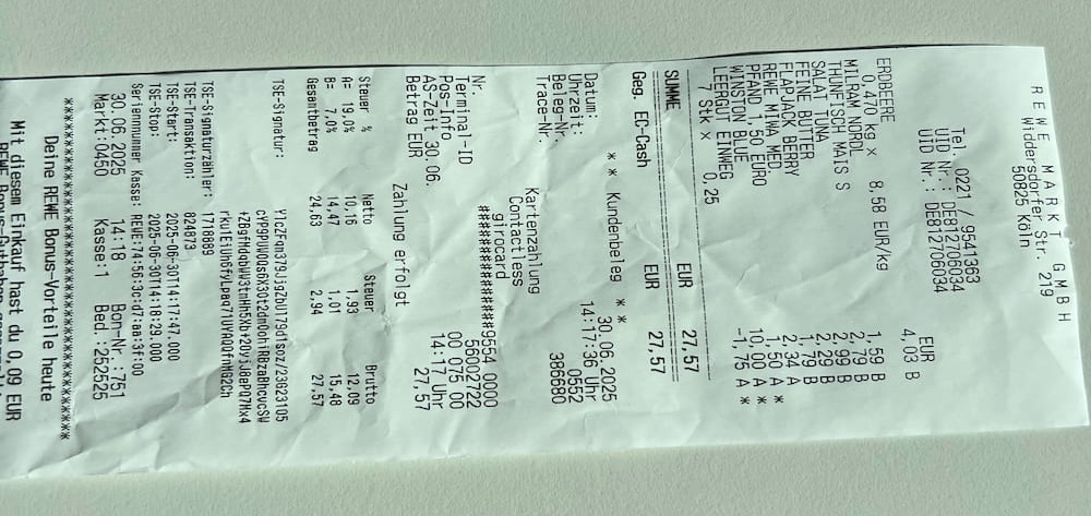 Beispiel eines schlecht fotografierten Bons